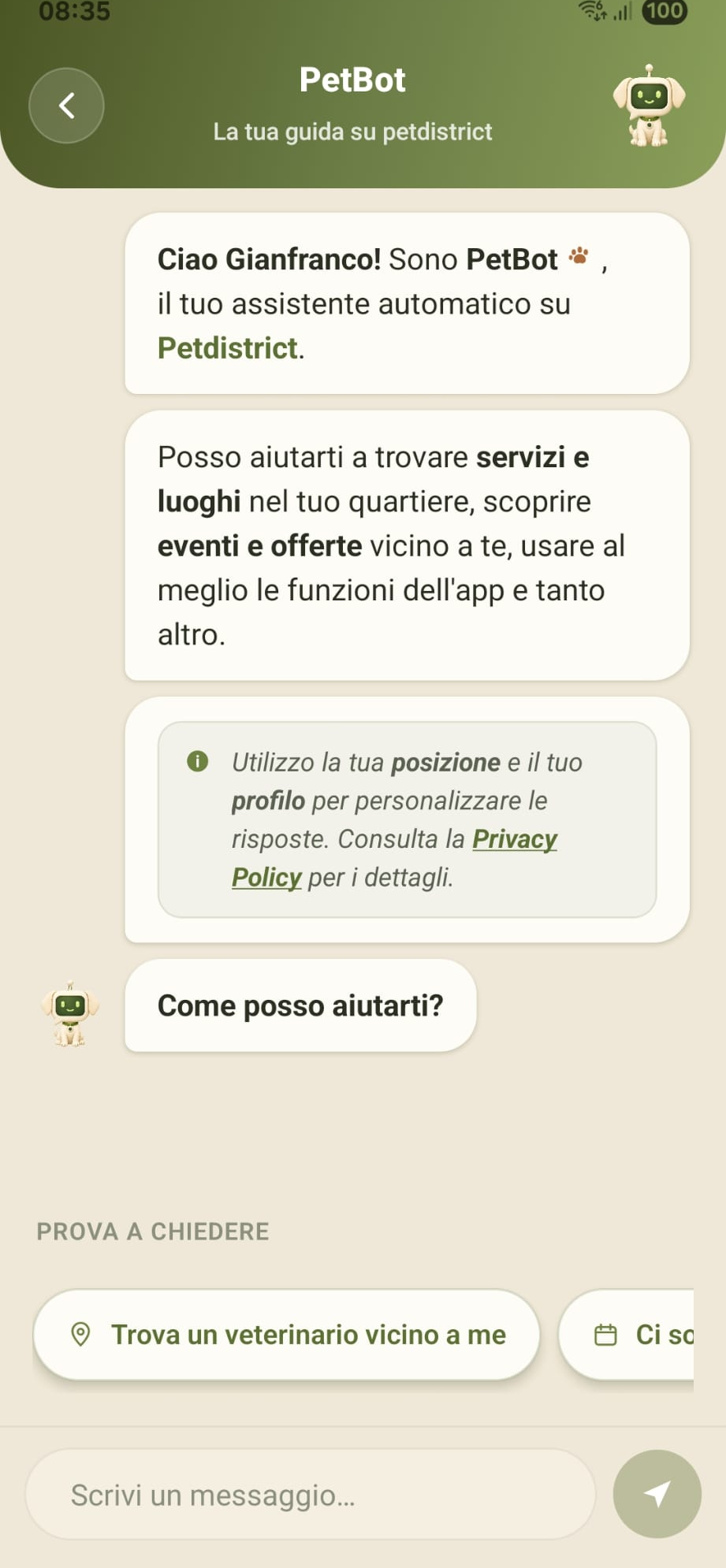 Conversazione con PetBot, l'assistente AI di Petdistrict